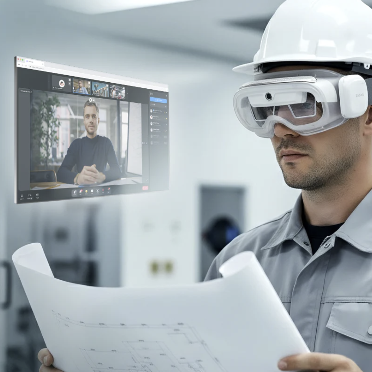 Field engineer wearing AR goggles reviewing technical drawings during a live remote expert session