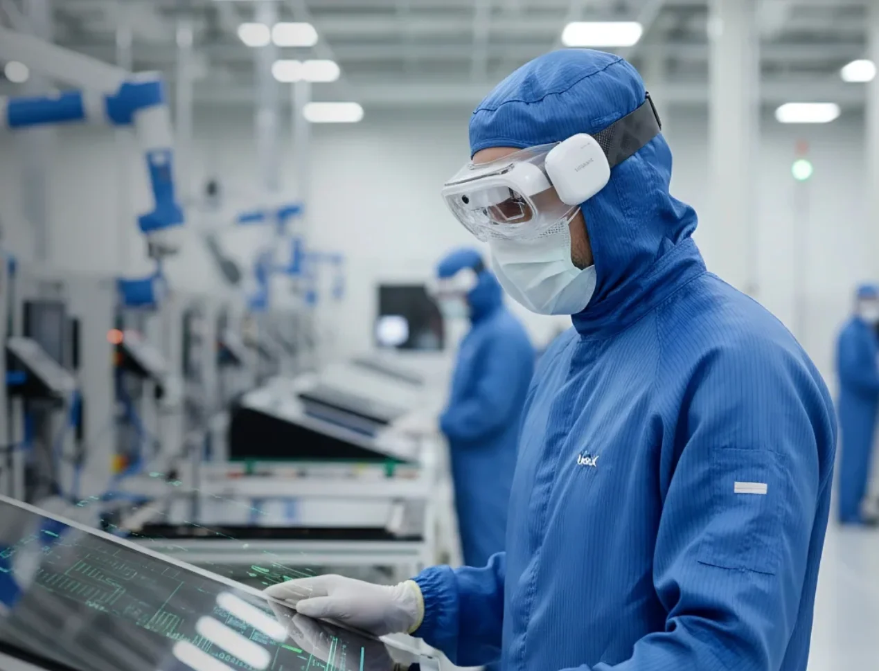 Globetronics technician wearing augmented reality glasses at work