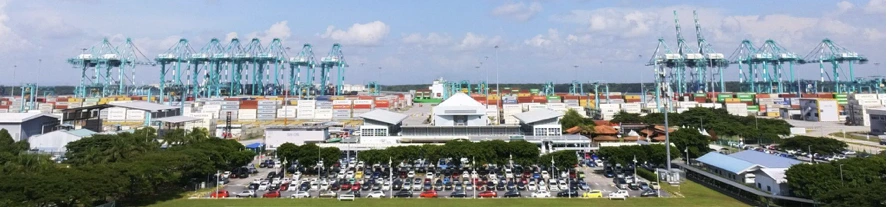 Panoramic view of Port of Tanjung Pelepas facilities and container cranes