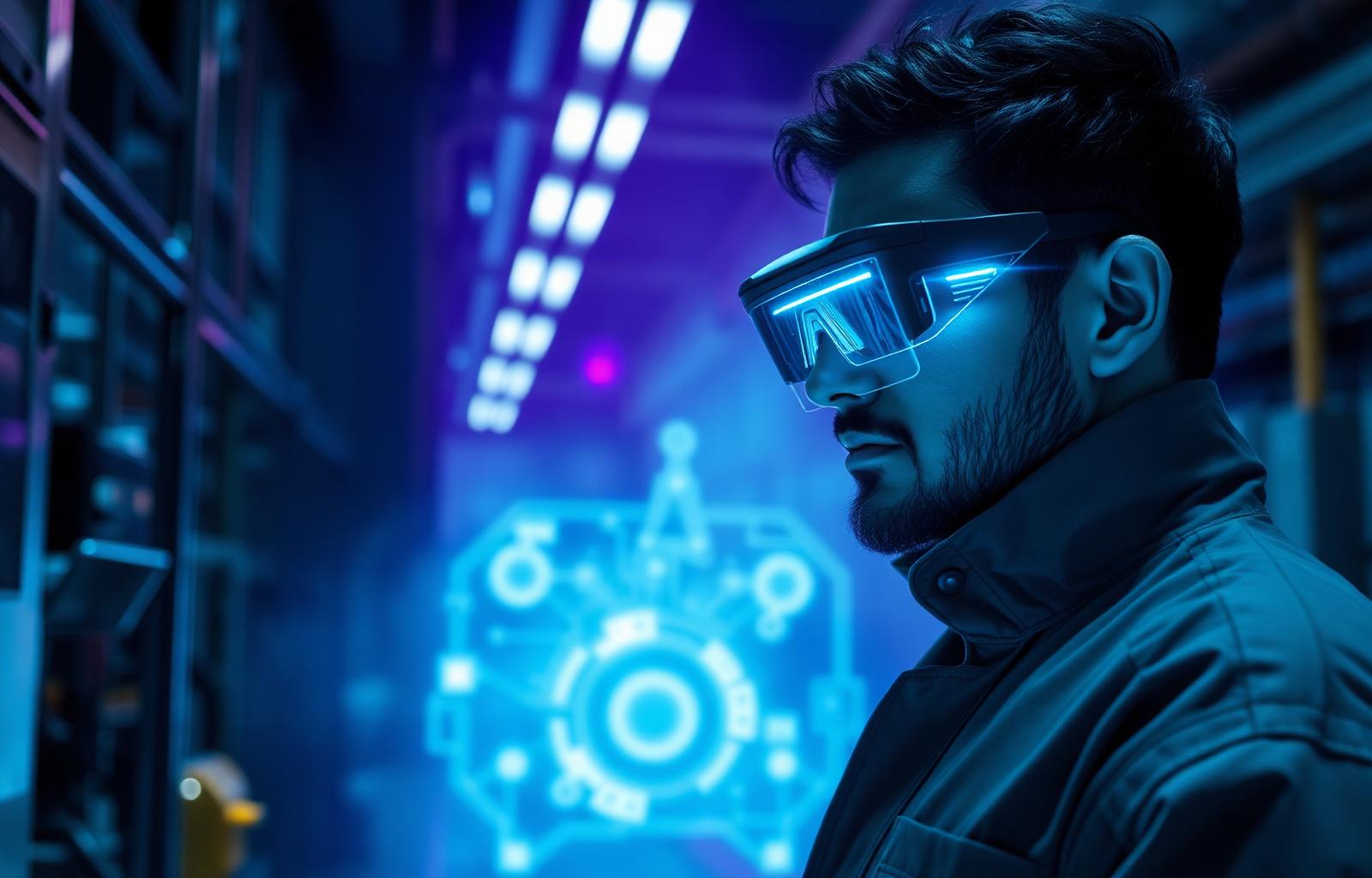 Engineer using AR smart glasses to inspect industrial machinery with holographic overlay